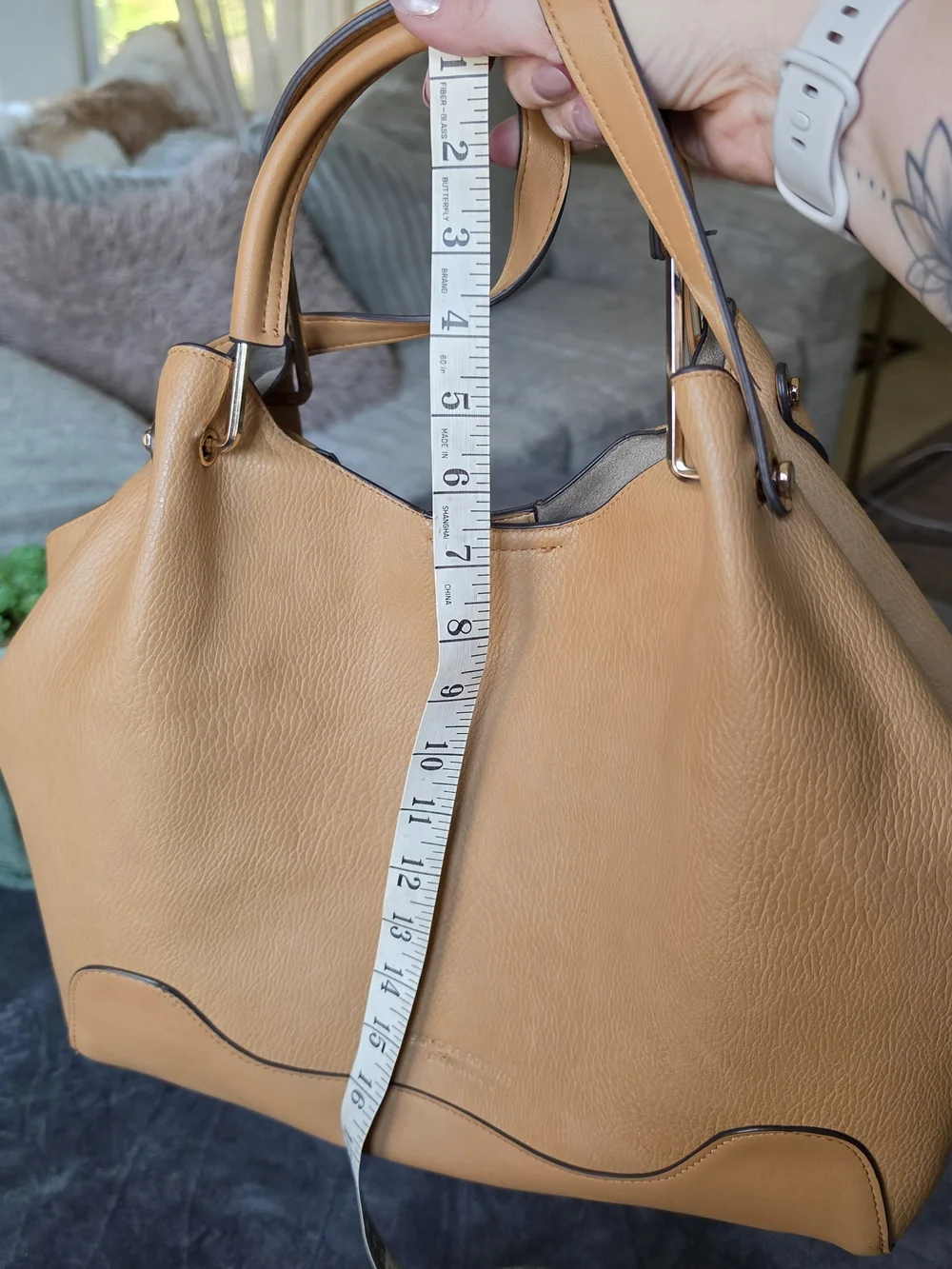 Sondra Roberts Camel Faux Tan Leather Tote with Top Handles